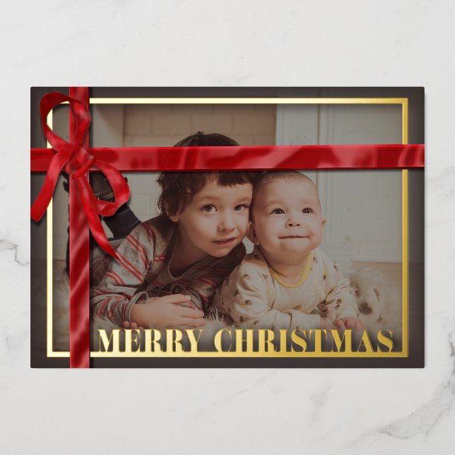 Red satin ribbon family photo Christmas Gold  Foil Holiday Card (Front)