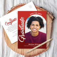 Red Save Date Graduation Photo Bold Arch Script