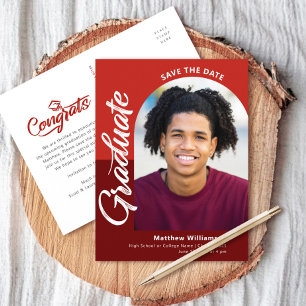 Red Save Date Graduation Photo Bold Arch Script Invitation Postcard