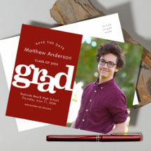Red save date graduation photo bold typography