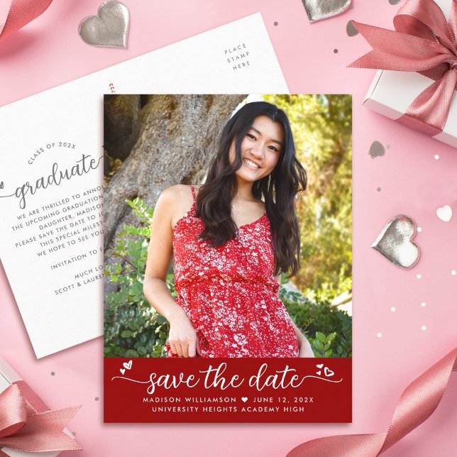 Red Save the Date Graduation Photo Script Hearts Invitation Postcard (Creator Uploaded)