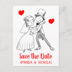 Red Save the Date Wedding Cartoon Bride Groom Postcard