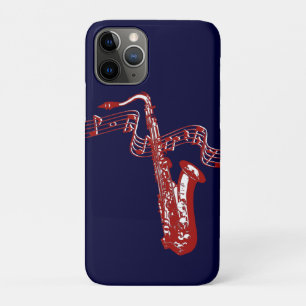 Red Saxophone and notes On Blue Background iPhone 11 Pro Case