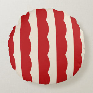 Red Scallop Stripes Seamless Pattern, Retro Cream Round Cushion