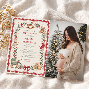 Red Scallop Vintage Toys Christmas Baby Shower Invitation