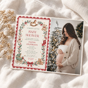 Red Scallop Vintage Toys Christmas Baby Shower Invitation
