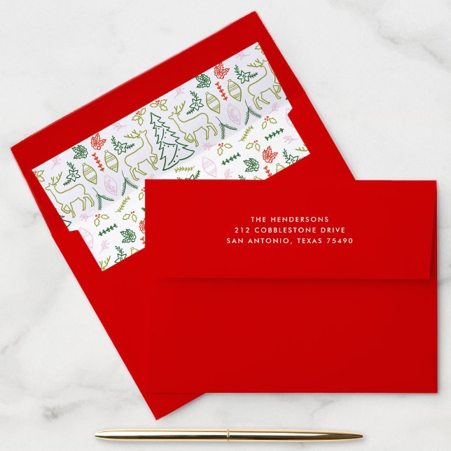 Red Scandinavian Christmas Pattern Return Address Envelope (Bright red return address envelope with hand-drawn Scandinavian Christmas pattern liner.)