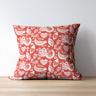 Red Scandinavian Christmas Pattern with Birds Cushion