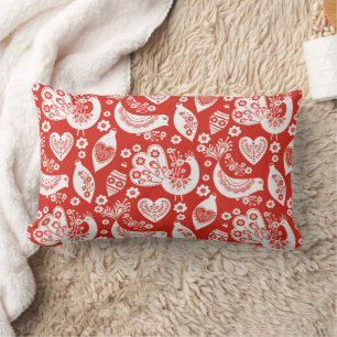 Red Scandinavian Christmas Pattern with Birds Lumbar Cushion