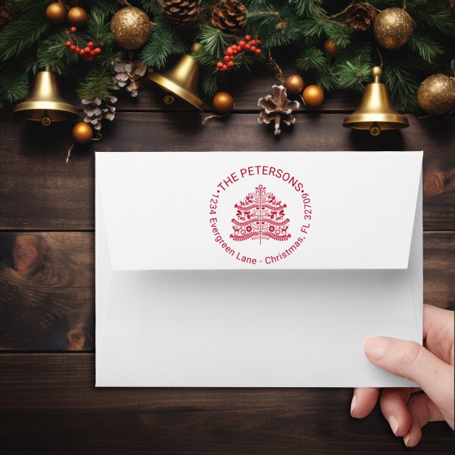Red Scandinavian Christmas Tree Preaddressed  Envelope (Creator Uploaded)