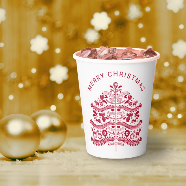 Red Scandinavian Folk Art Christmas Tree Paper Cups (Creator Uploaded)