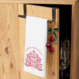 Red Scandinavian Folk Art Christmas Tree Tea Towel
