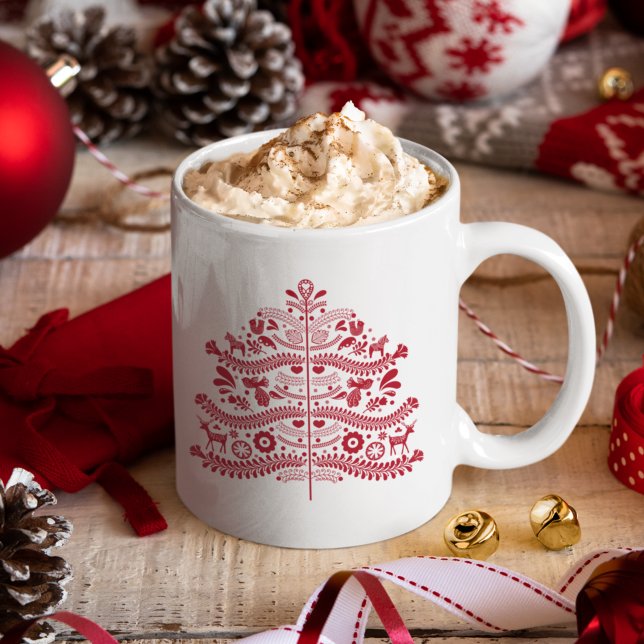 Red Scandinavian Folk Art Nordic Christmas Tree Coffee Mug (Creator Uploaded)