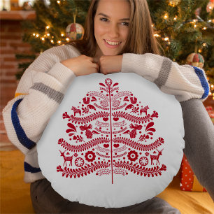 Red Scandinavian Folk Art Nordic Christmas Tree Round Cushion
