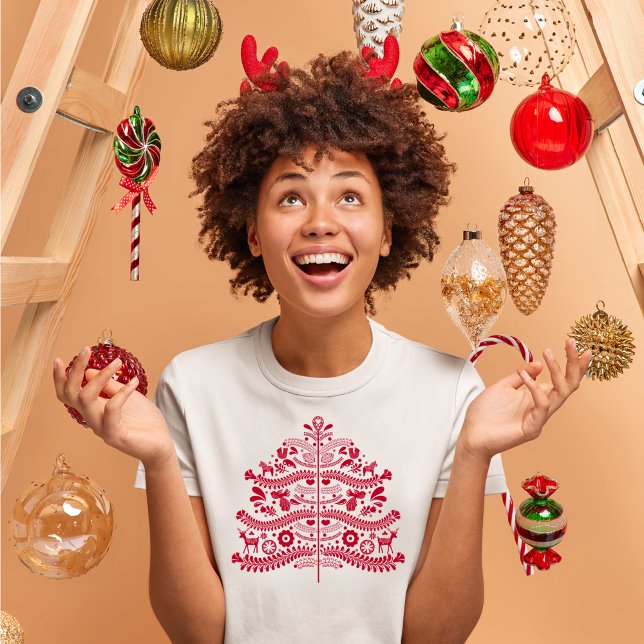 Red Scandinavian Folk Art Nordic Christmas Tree T-Shirt (Creator Uploaded)