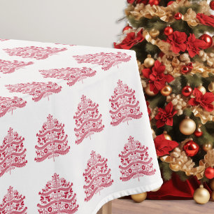 Red Scandinavian Folk Art Nordic Christmas Tree Tablecloth