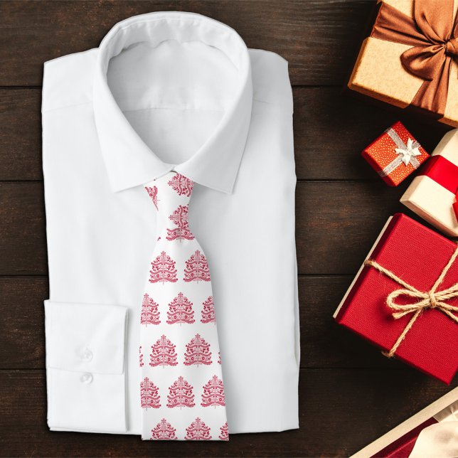 Red Scandinavian Folk Art Nordic Christmas Tree Tie (Creator Uploaded)