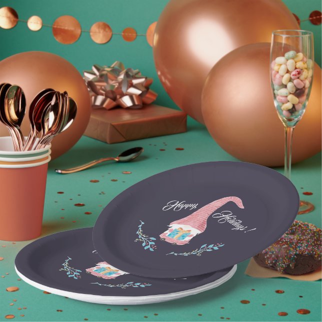 Red Scandinavian Gnome with a present Holiday Paper Plate (Multi)