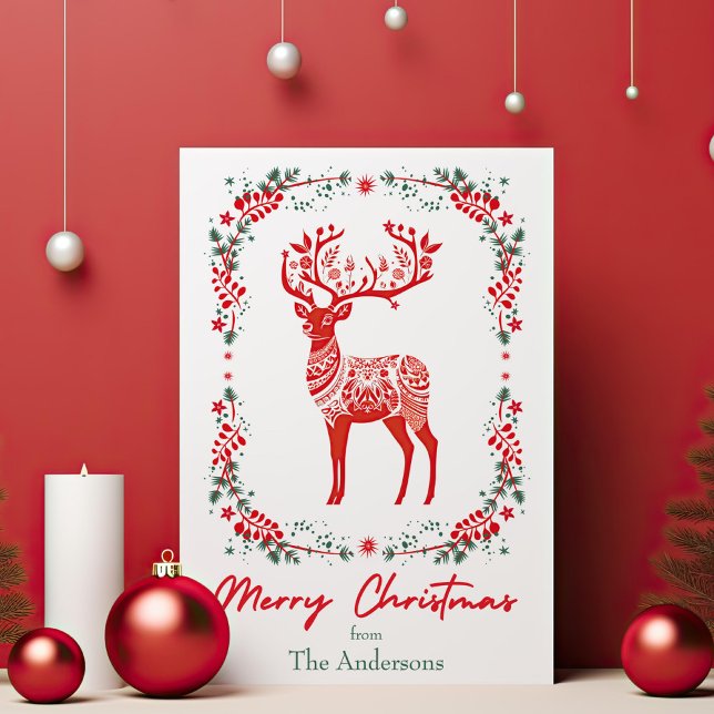 Red Scandinavian Reindeer Elegant Christmas Holiday Card (Creator Uploaded)