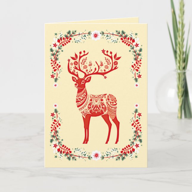 Red Scandinavian Reindeer Floral Christmas Holiday Card (Front)