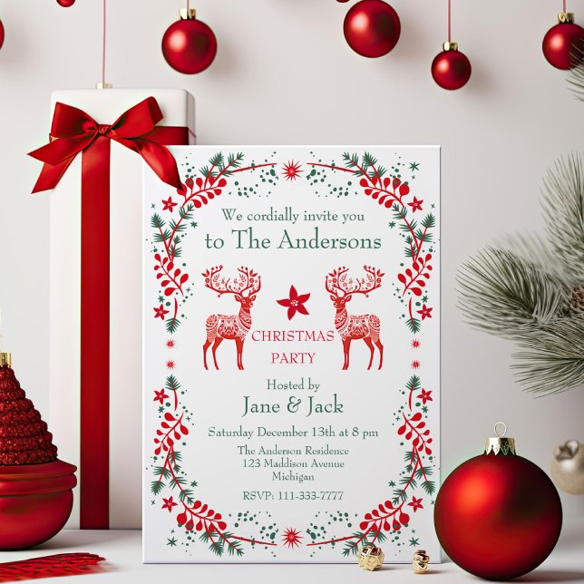 Red Scandinavian Reindeer Floral Christmas Party Invitation (Creator Uploaded)