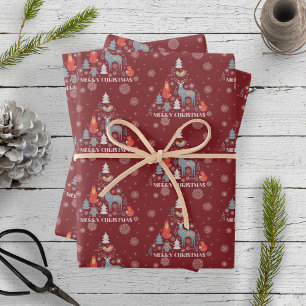 Red Scandinavian Reindeer Tree Animal Snowflake  Wrapping Paper Sheet