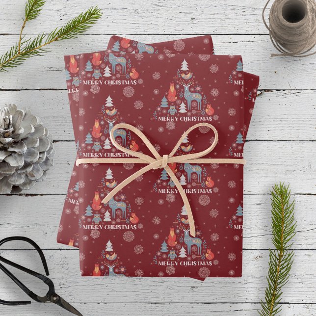 Red Scandinavian Reindeer Tree Animal Snowflake  Wrapping Paper Sheet (Creator Uploaded)