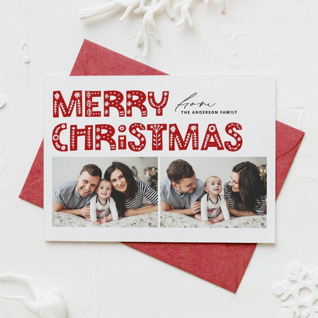 Red Scandinavian Two Photo Christmas Holiday Card (Creator Uploaded)