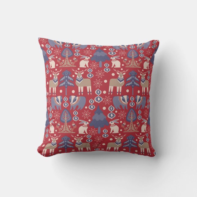 Red Scandinavian Winter Animals Christmas Cushion (Front)