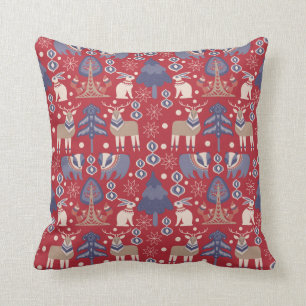 Red Scandinavian Winter Animals Christmas Cushion