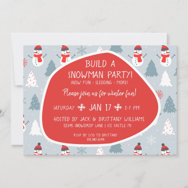 Red Scarf Cute Holiday Snowman Building Party Invitation (Front)