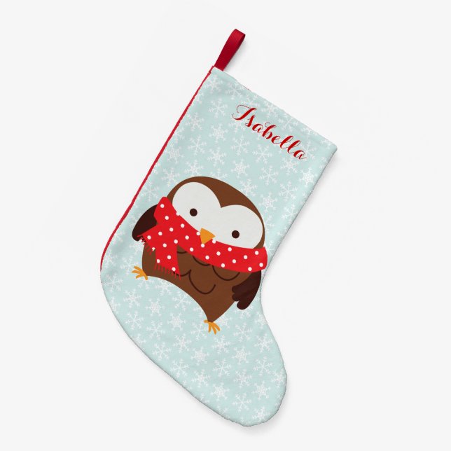 Red Scarf Holiday Owl Personalised Small Christmas Stocking (Front (Hanging))