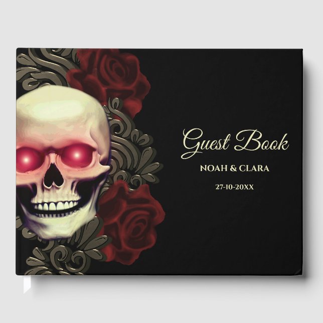 Red Scary floral dark moody gothic skull halloween Guest Book (Front)