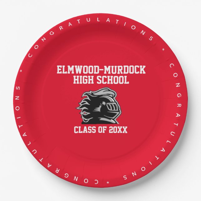 Red School Colours, Graduation Party Paper Plate (Front)