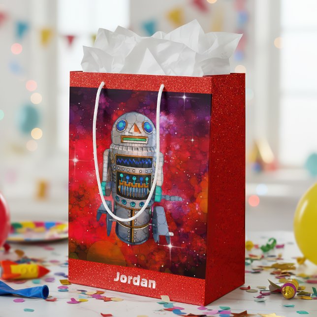 Red sci fi retro toy robot galaxy custom name cool medium gift bag (Creator Uploaded)