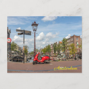 Red scooter on the bridge over the Brouwersgracht Postcard