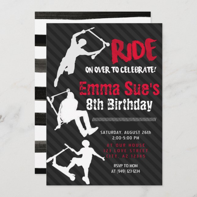 Red Scooter Skate Park Party Birthday Invitation (Front/Back)