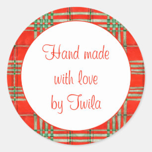 RED SCOTT TARTAN 1.5" Round "Hand Made" Stickers