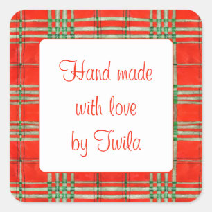 RED SCOTT TARTAN 1.5" Square "Hand Made" Stickers