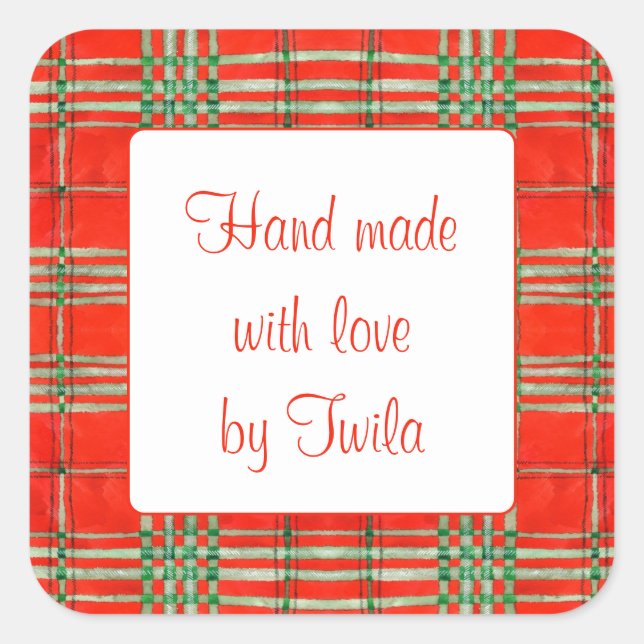 RED SCOTT TARTAN 3" Square "Hand Made" Stickers (Front)