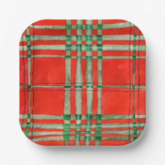 RED SCOTT TARTAN 7" Square Paper Plates (Front)