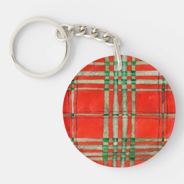 RED SCOTT TARTAN Acrylic Round Keychain (Front)