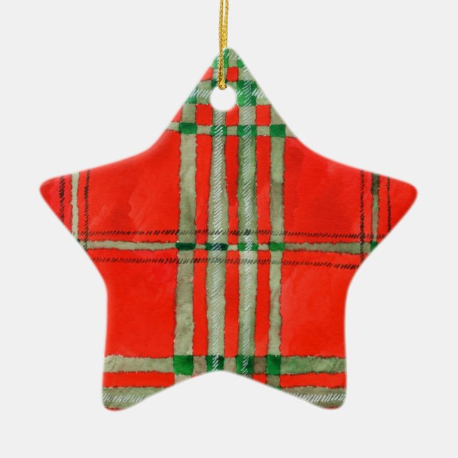 RED SCOTT TARTAN Ceramic Star Ornament (Front)