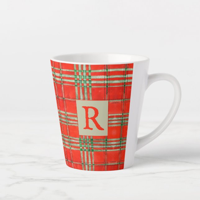 RED SCOTT TARTAN Latte Mug + Initial (Right)