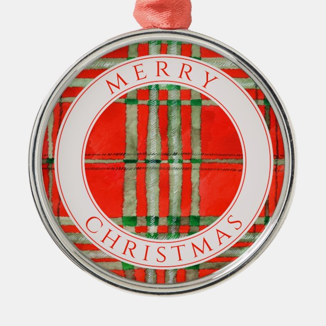 RED SCOTT TARTAN Premium Round Ornament + Text (Front)
