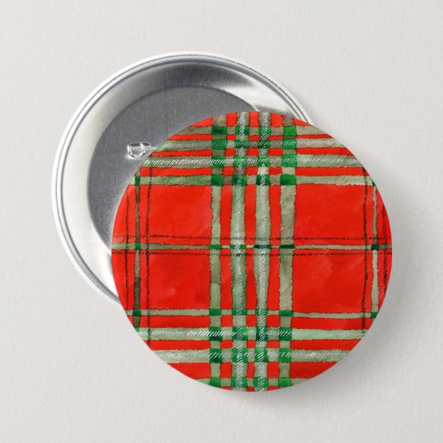 RED SCOTT TARTAN Round Pin Button (Front & Back)