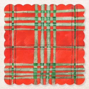 RED SCOTT TARTAN Scalloped Square Paper Coasters