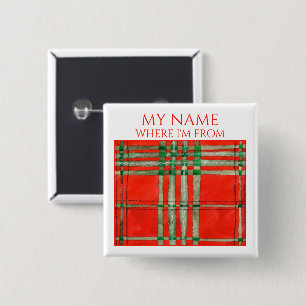 RED SCOTT TARTAN Square Name Tag Pin Button