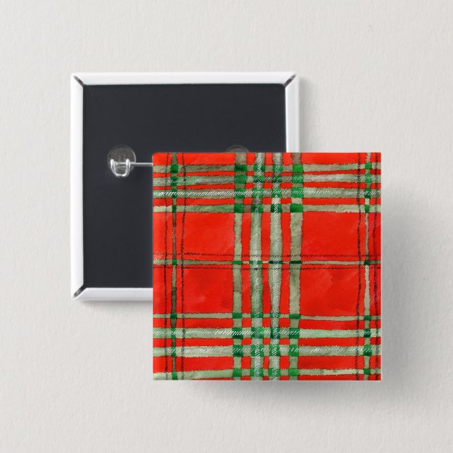 RED SCOTT TARTAN Square Pin Button (Front & Back)