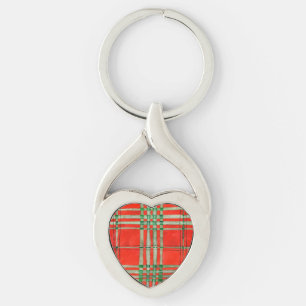 RED SCOTT TARTAN Twisted Heart Metal Keychain